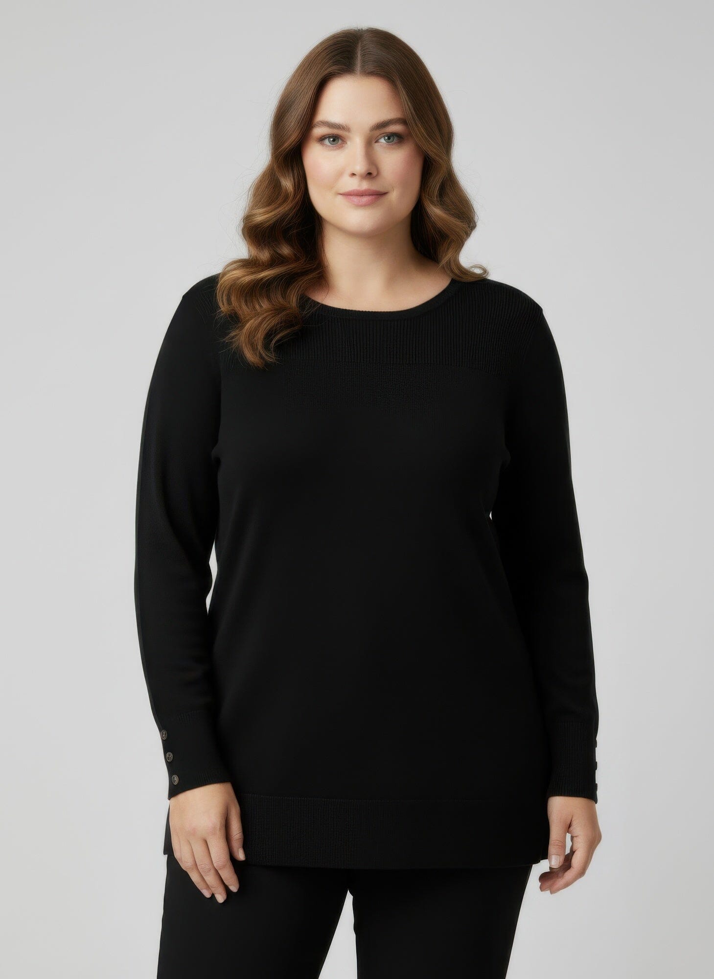 Women Plus Size Button Cuff Ribbed Knit Tunic Top Shirts & Tops jehouze Black L 
