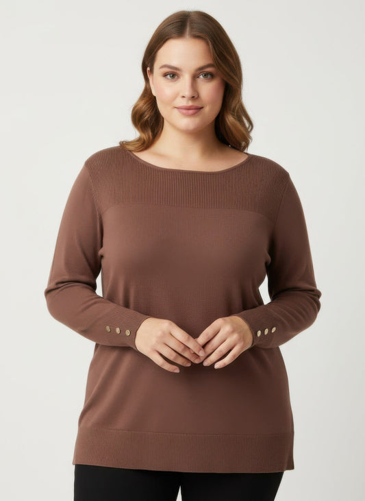 Women Plus Size Button Cuff Ribbed Knit Tunic Top Shirts & Tops jehouze Brown L 