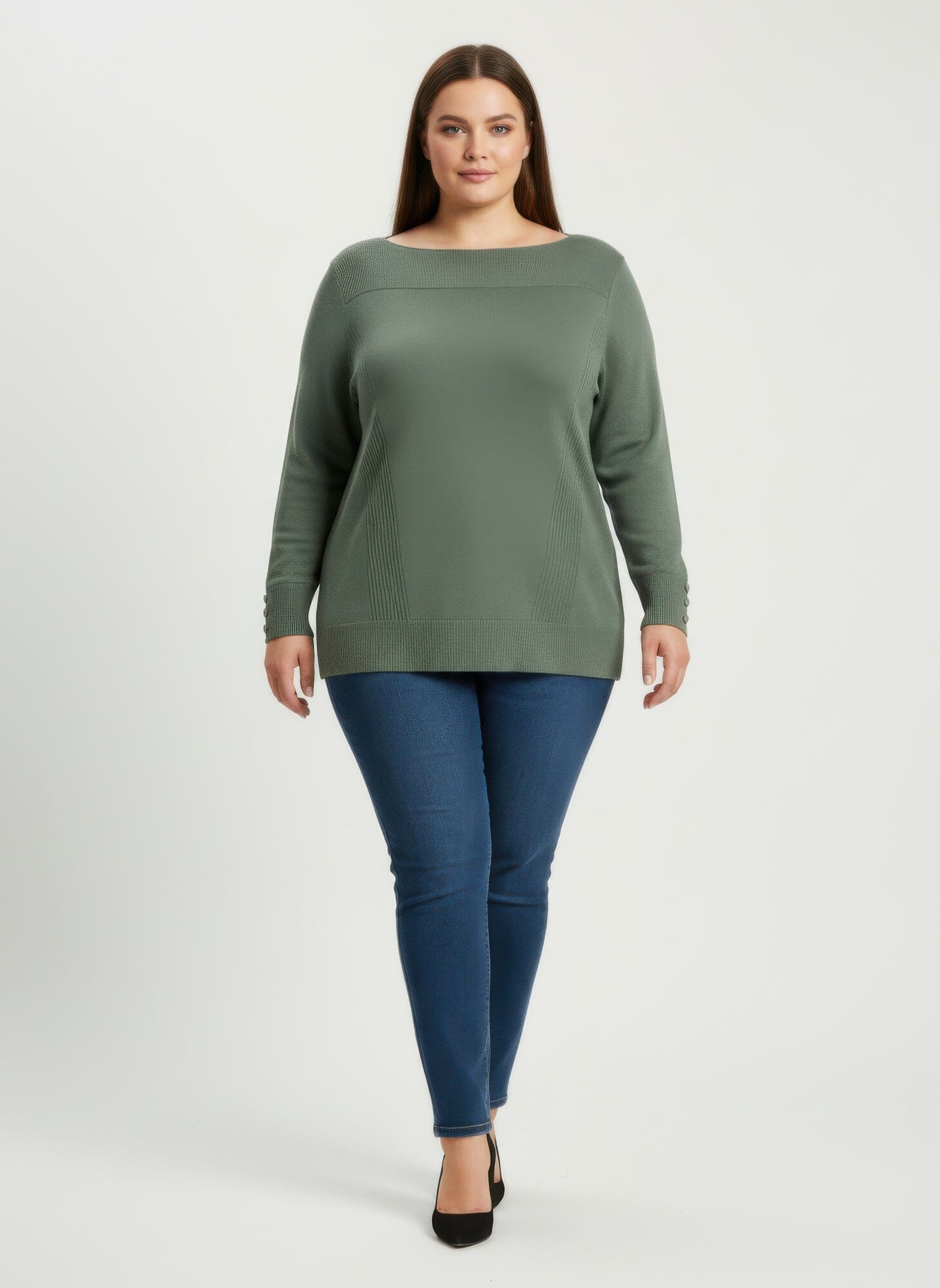 Women Plus Size Button Cuff Ribbed Knit Tunic Top Shirts & Tops jehouze Green L 
