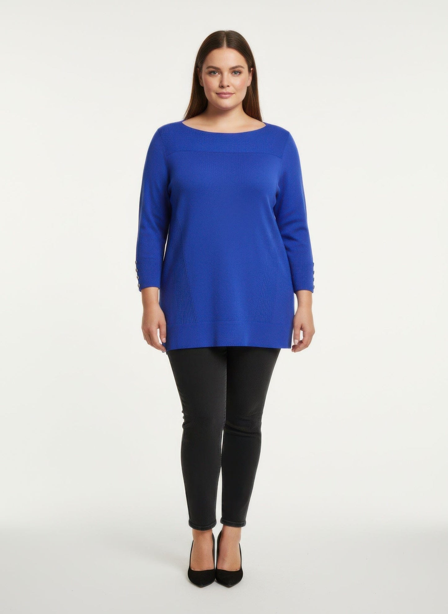 Women Plus Size Button Cuff Ribbed Knit Tunic Top Shirts & Tops jehouze Royal blue L 