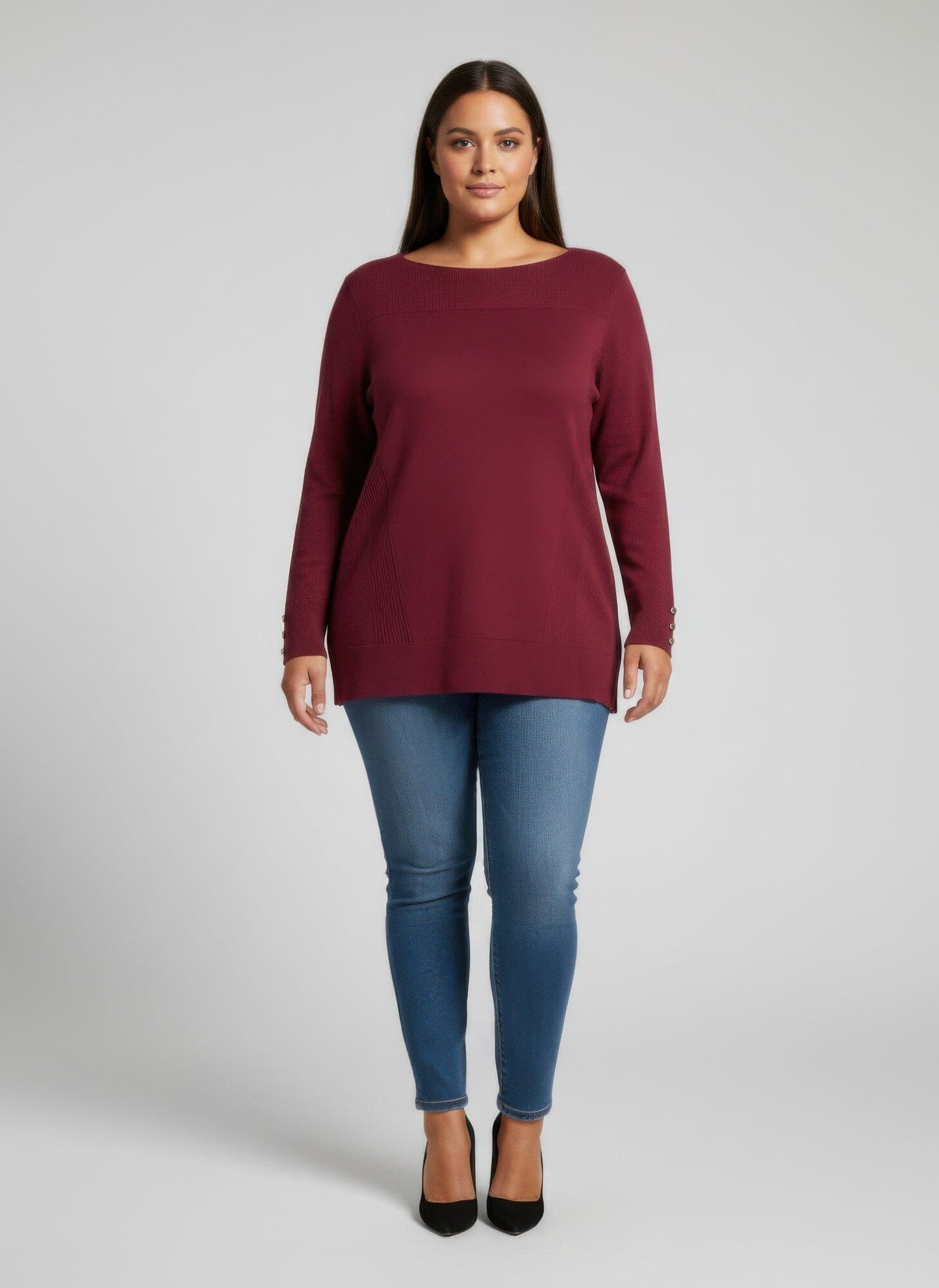 Women Plus Size Button Cuff Ribbed Knit Tunic Top Shirts & Tops jehouze Wine L 