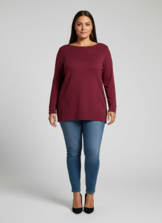 Women Plus Size Button Cuff Ribbed Knit Tunic Top Shirts & Tops jehouze Wine L 