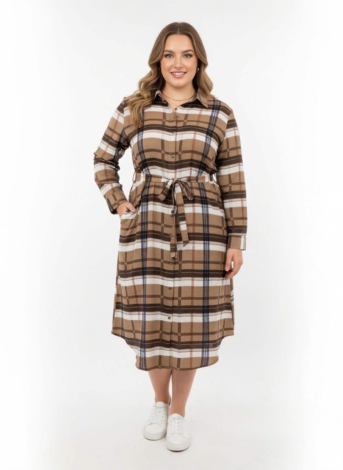 Women Plus Size Button Front Midi Shirt Dress With Self Tie Belt Dresses jehouze Beige XL 