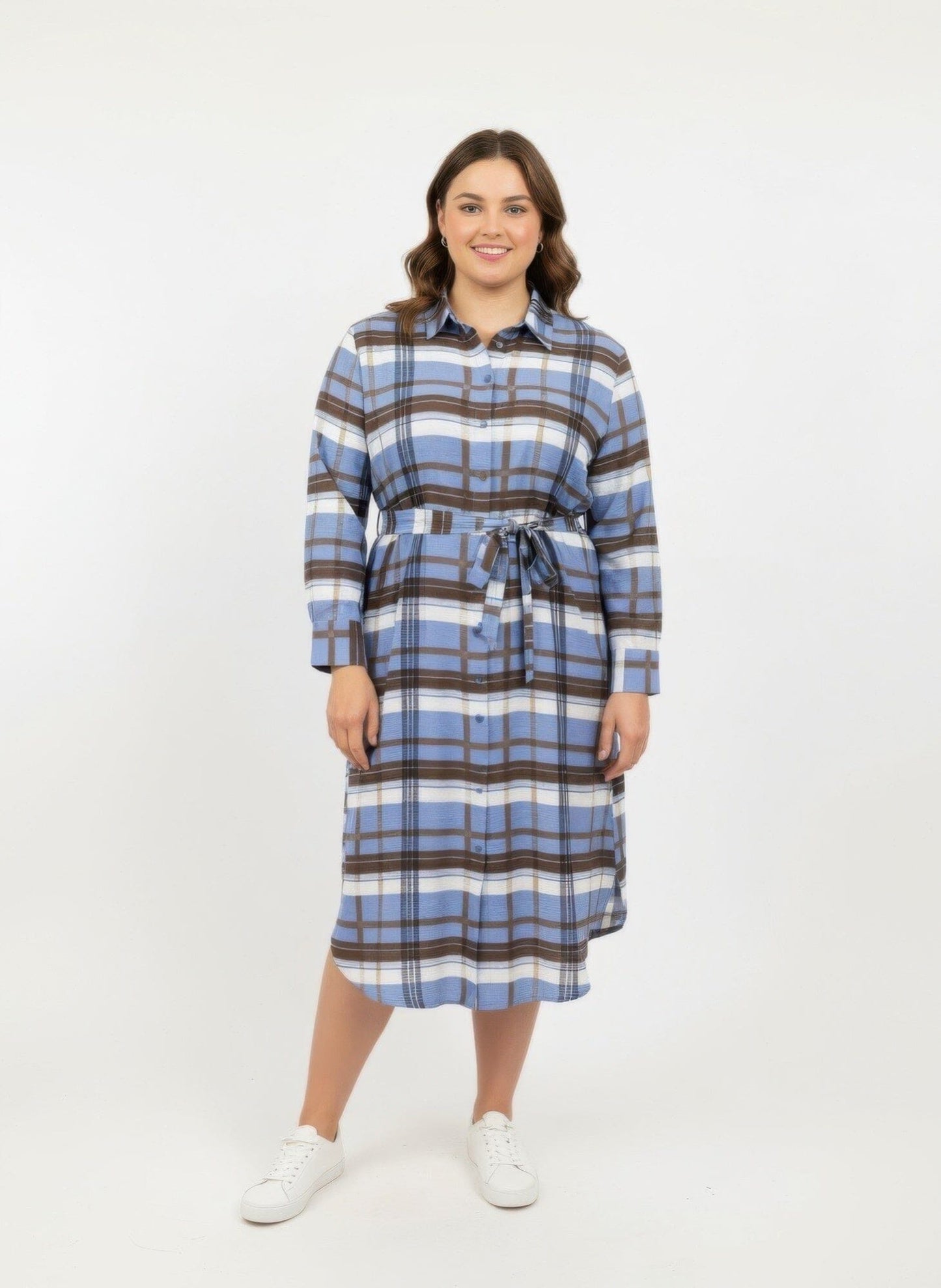 Women Plus Size Button Front Midi Shirt Dress With Self Tie Belt Dresses jehouze Blue XL 