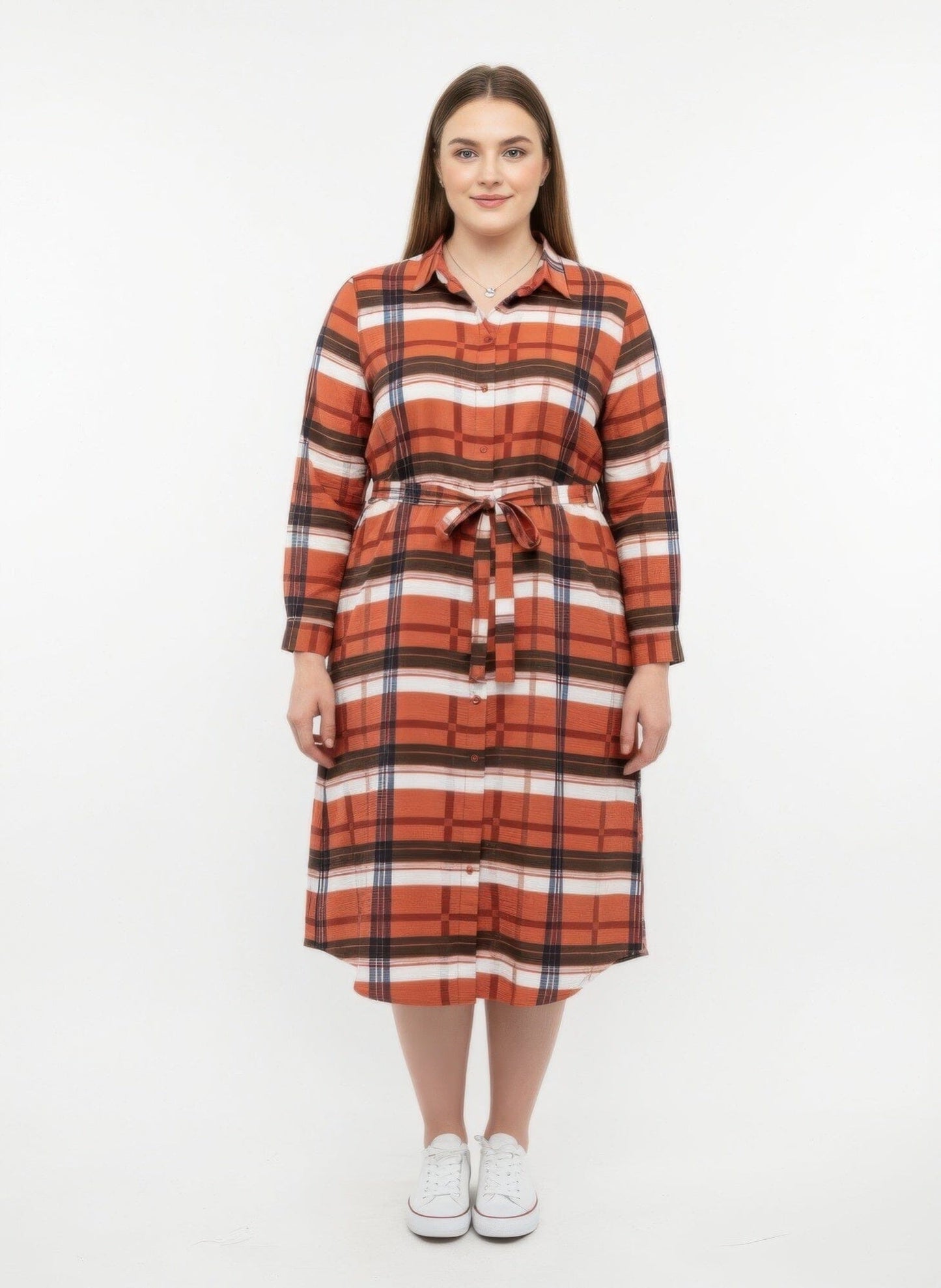 Women Plus Size Button Front Midi Shirt Dress With Self Tie Belt Dresses jehouze Red XL 