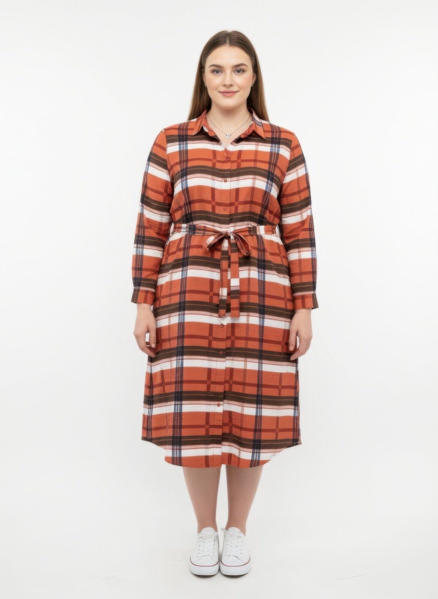 Women Plus Size Button Front Midi Shirt Dress With Self Tie Belt Dresses jehouze Red XL 
