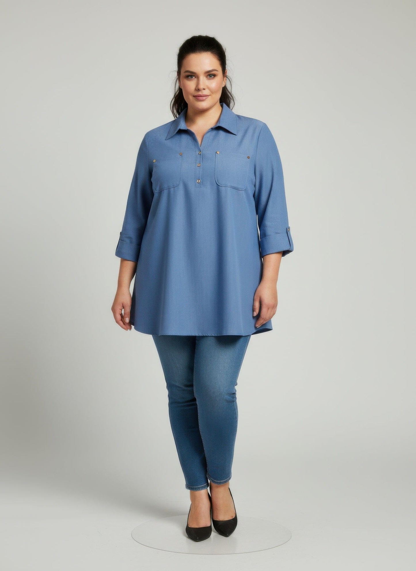 Women Plus Size Button Front Roll Sleeve Blouse Shirts & Tops jehouze Blue L 