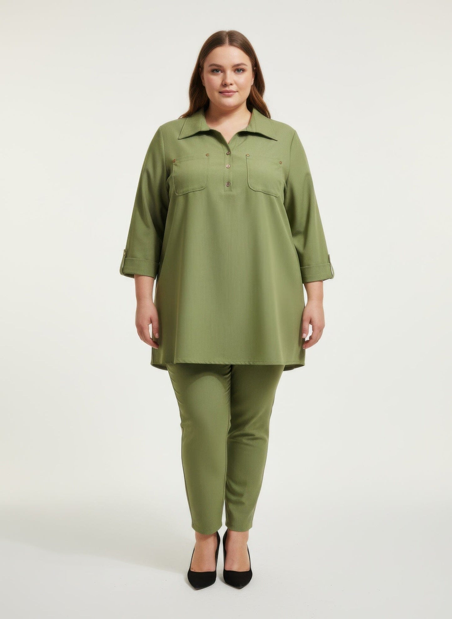 Women Plus Size Button Front Roll Sleeve Blouse Shirts & Tops jehouze Olive L 