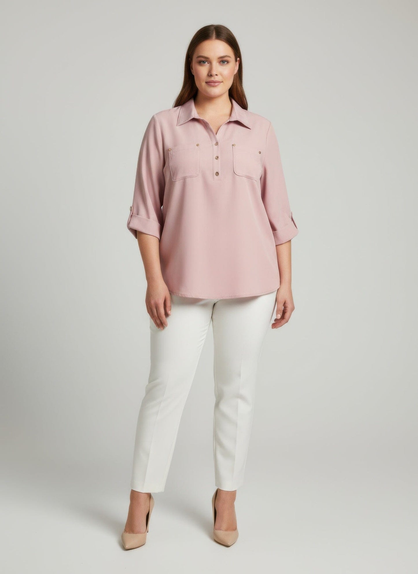 Women Plus Size Button Front Roll Sleeve Blouse Shirts & Tops jehouze Pink L 