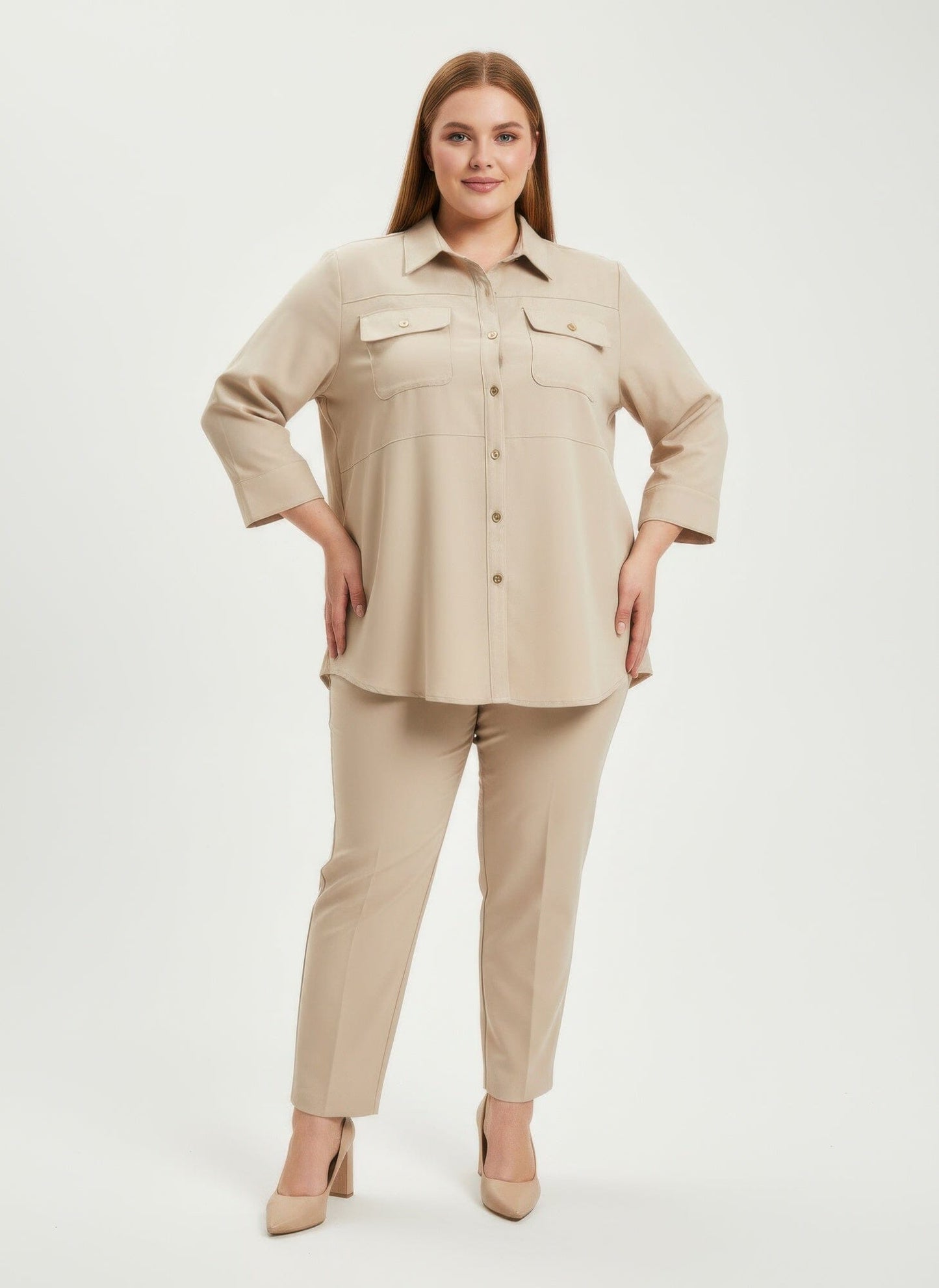 Women Plus Size Button Front Shirt Tunic Top Shirts & Tops jehouze Beige L 