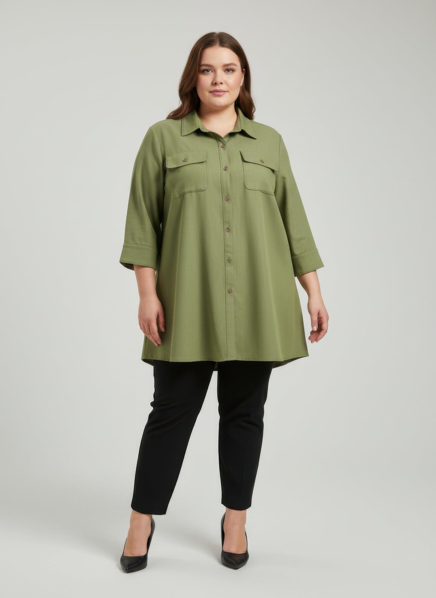 Women Plus Size Button Front Shirt Tunic Top Shirts & Tops jehouze Olive L 
