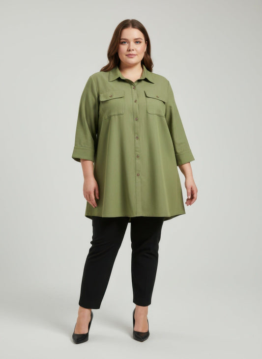 Women Plus Size Button Front Shirt Tunic Top Shirts & Tops jehouze Olive L 