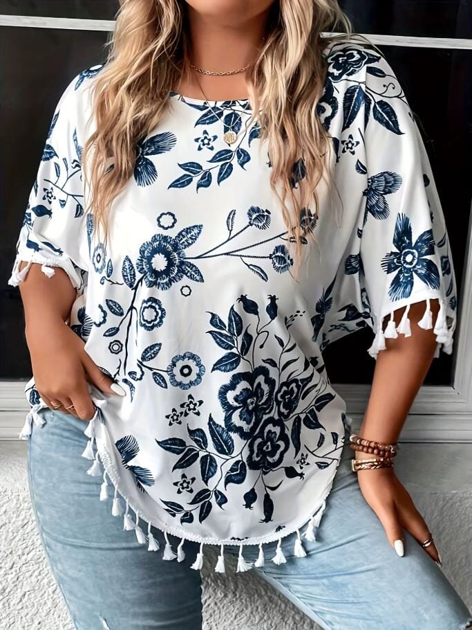 Women Plus Size Casual Floral Tassel Short Sleeve Tops Shirts & Tops jehouze 