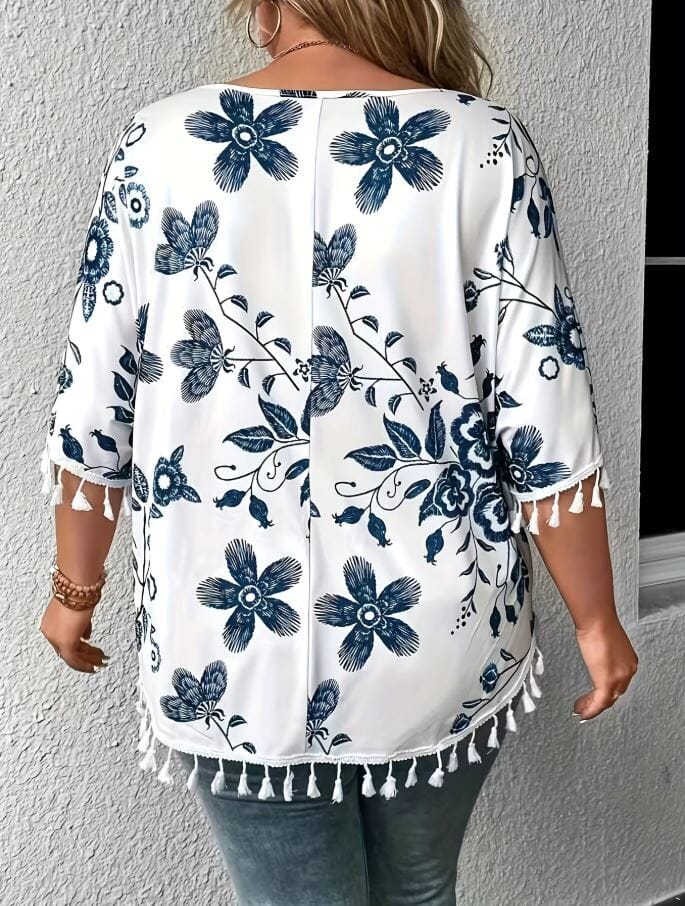 Women Plus Size Casual Floral Tassel Short Sleeve Tops Shirts & Tops jehouze 