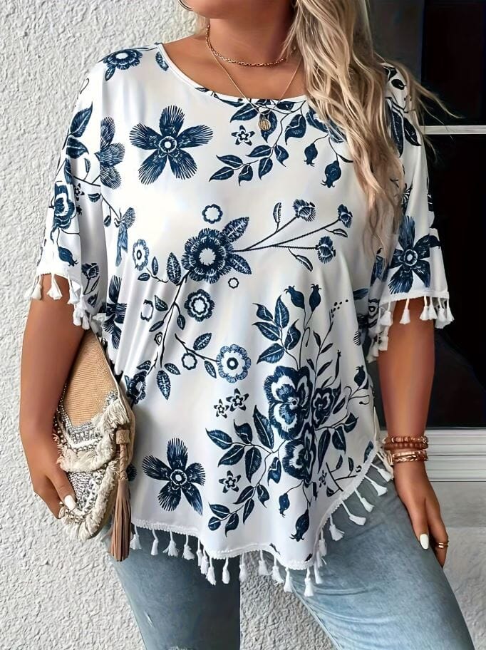 Women Plus Size Casual Floral Tassel Short Sleeve Tops Shirts & Tops jehouze L 