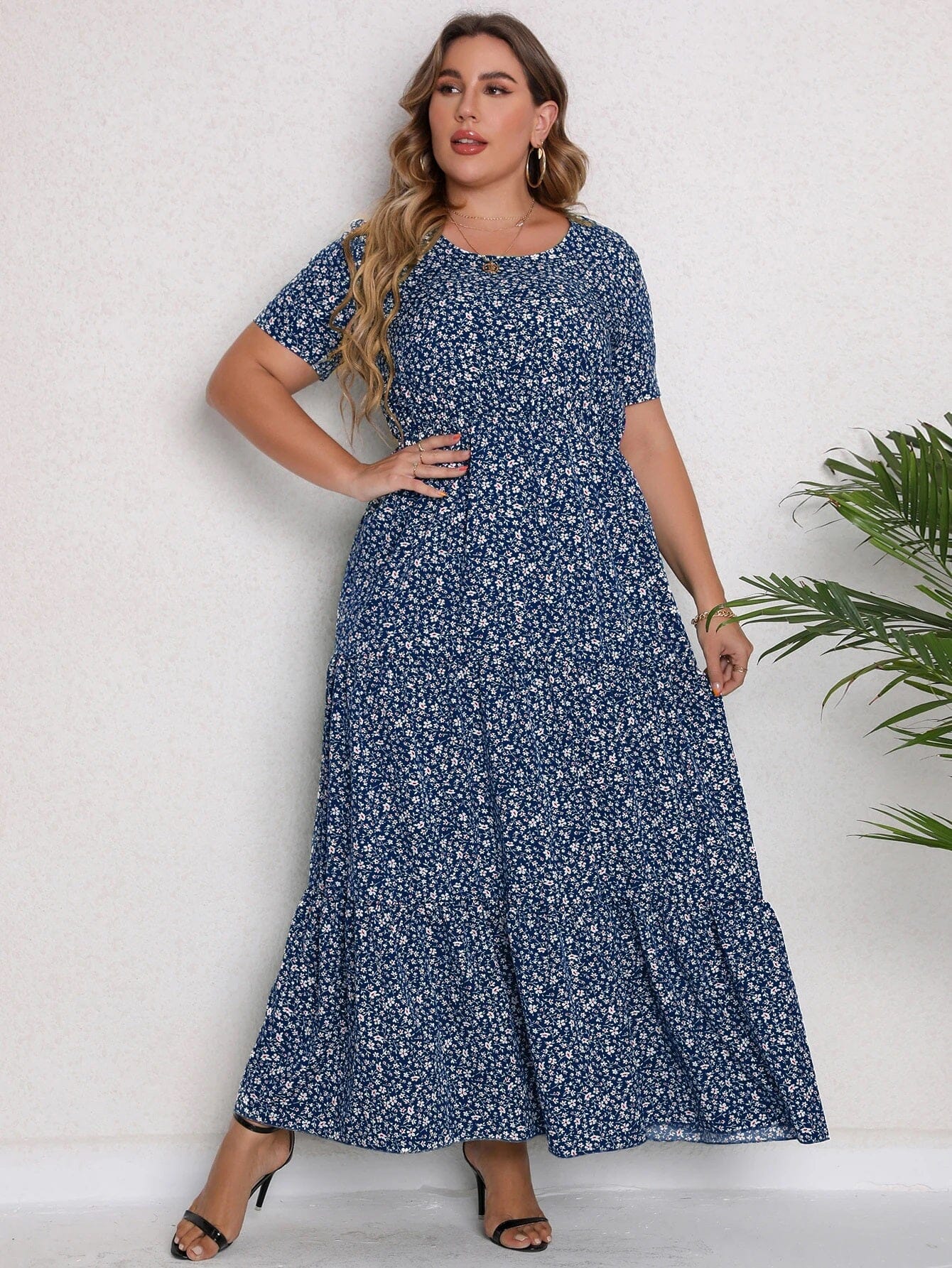 Women Plus Size Casual Flowy Holiday Beach Loose Short Sleeve Ditsy Printed Dress Dresses jehouze Blue XL 