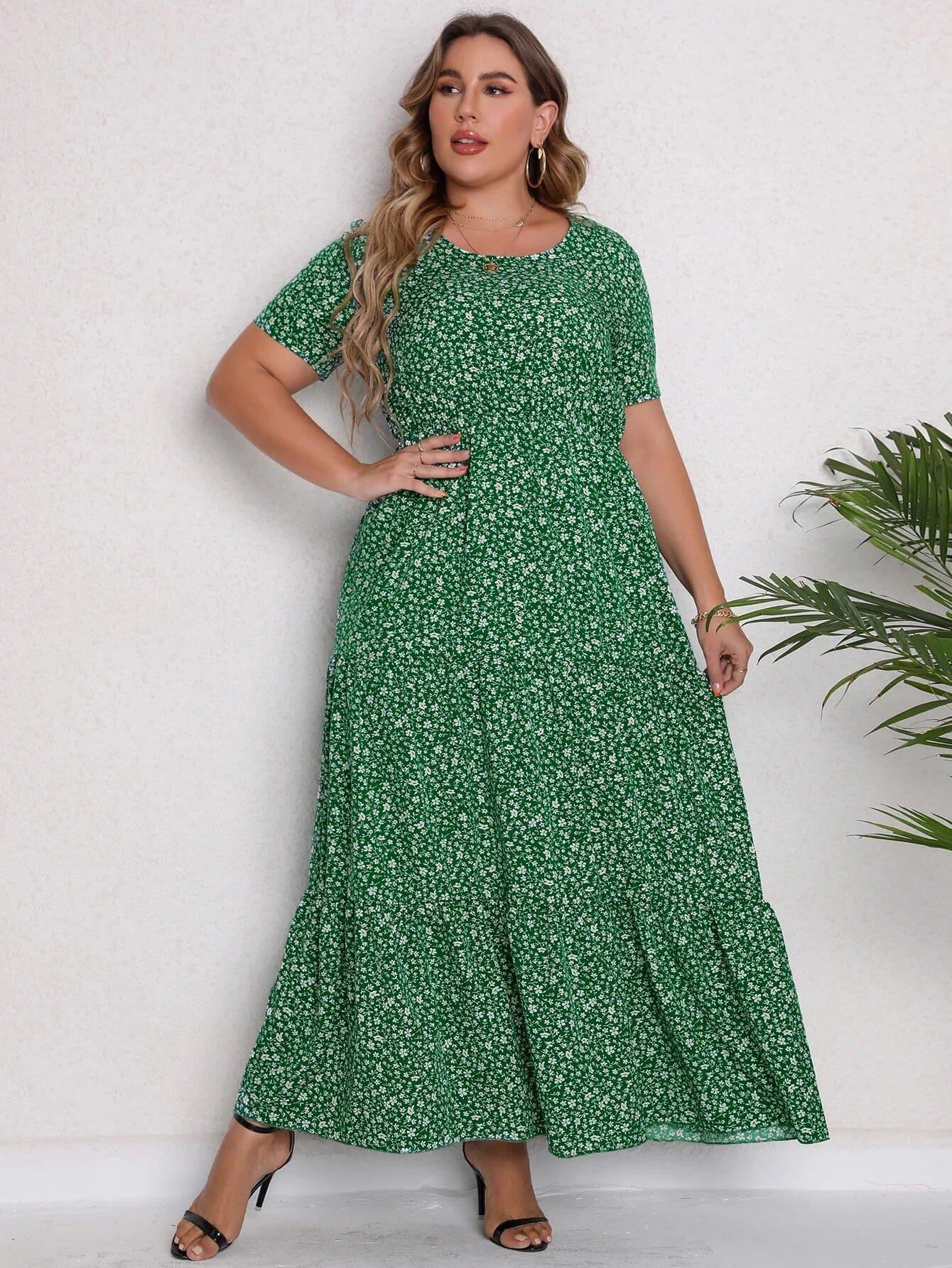 Women Plus Size Casual Flowy Holiday Beach Loose Short Sleeve Ditsy Printed Dress Dresses jehouze Green XL 