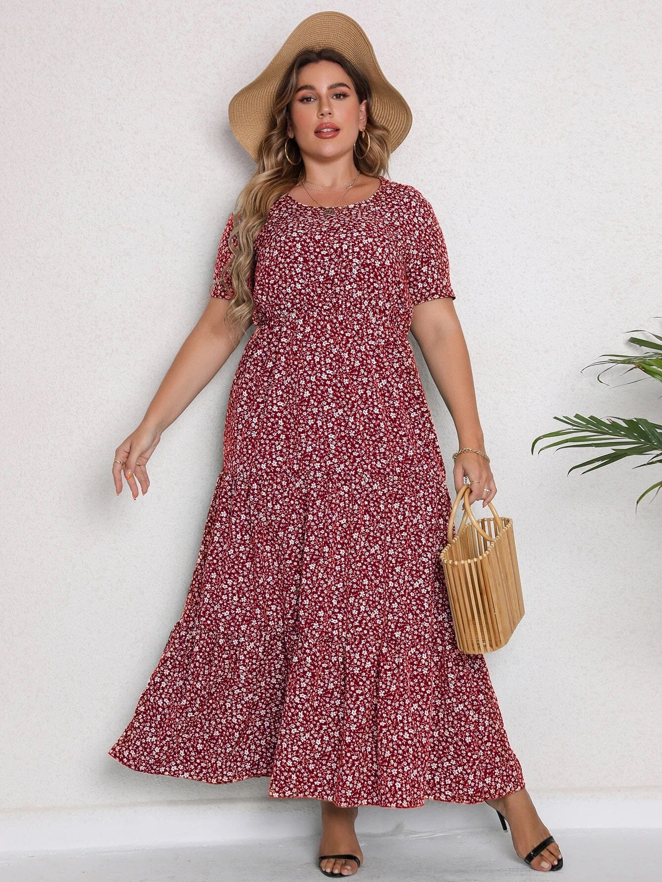 Women Plus Size Casual Flowy Holiday Beach Loose Short Sleeve Ditsy Printed Dress Dresses jehouze Red XL 