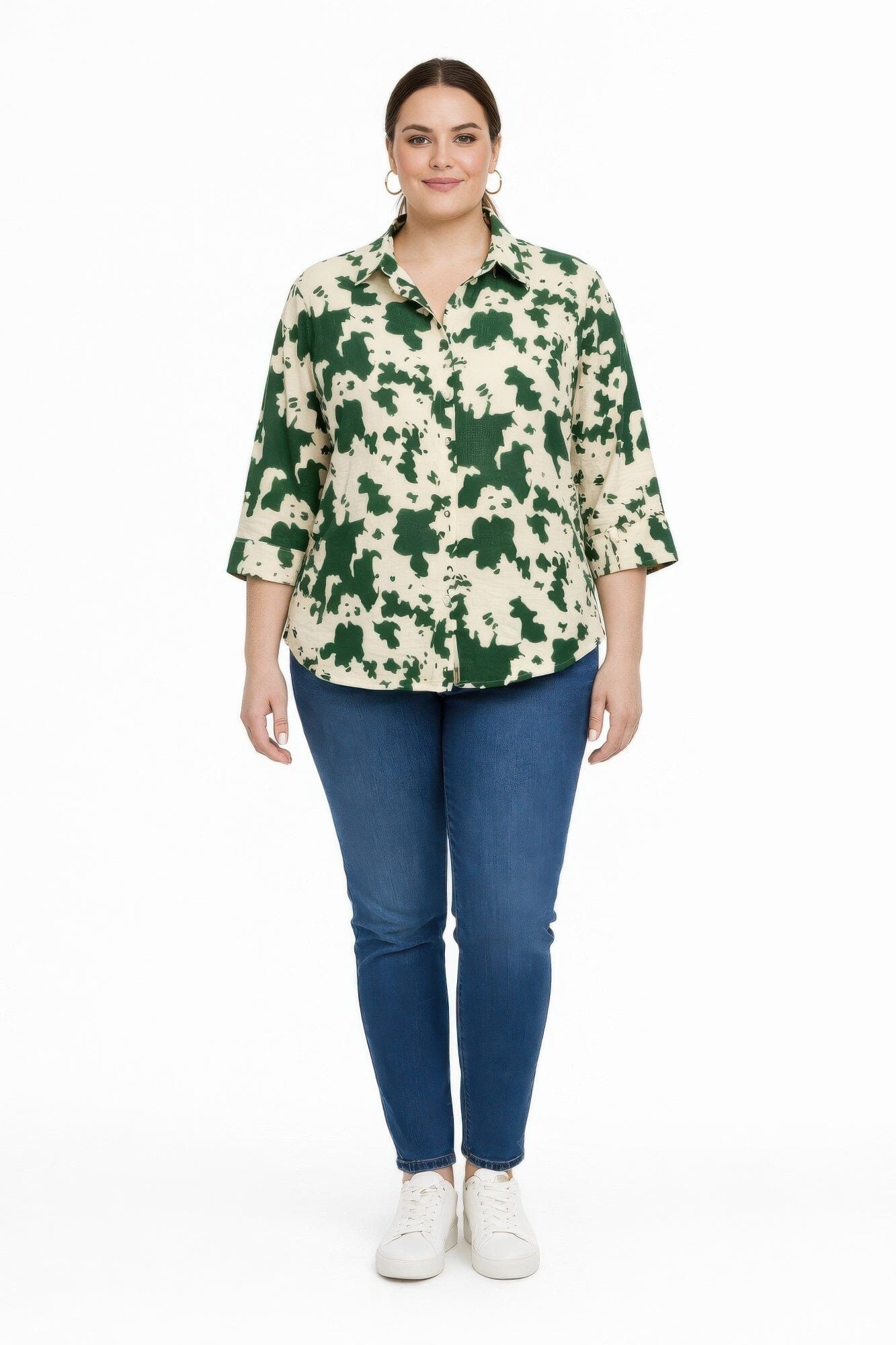 Women Plus Size Cow Print 3/4 Sleeve Button-up Shirt Shirts & Tops jehouze Green XL 