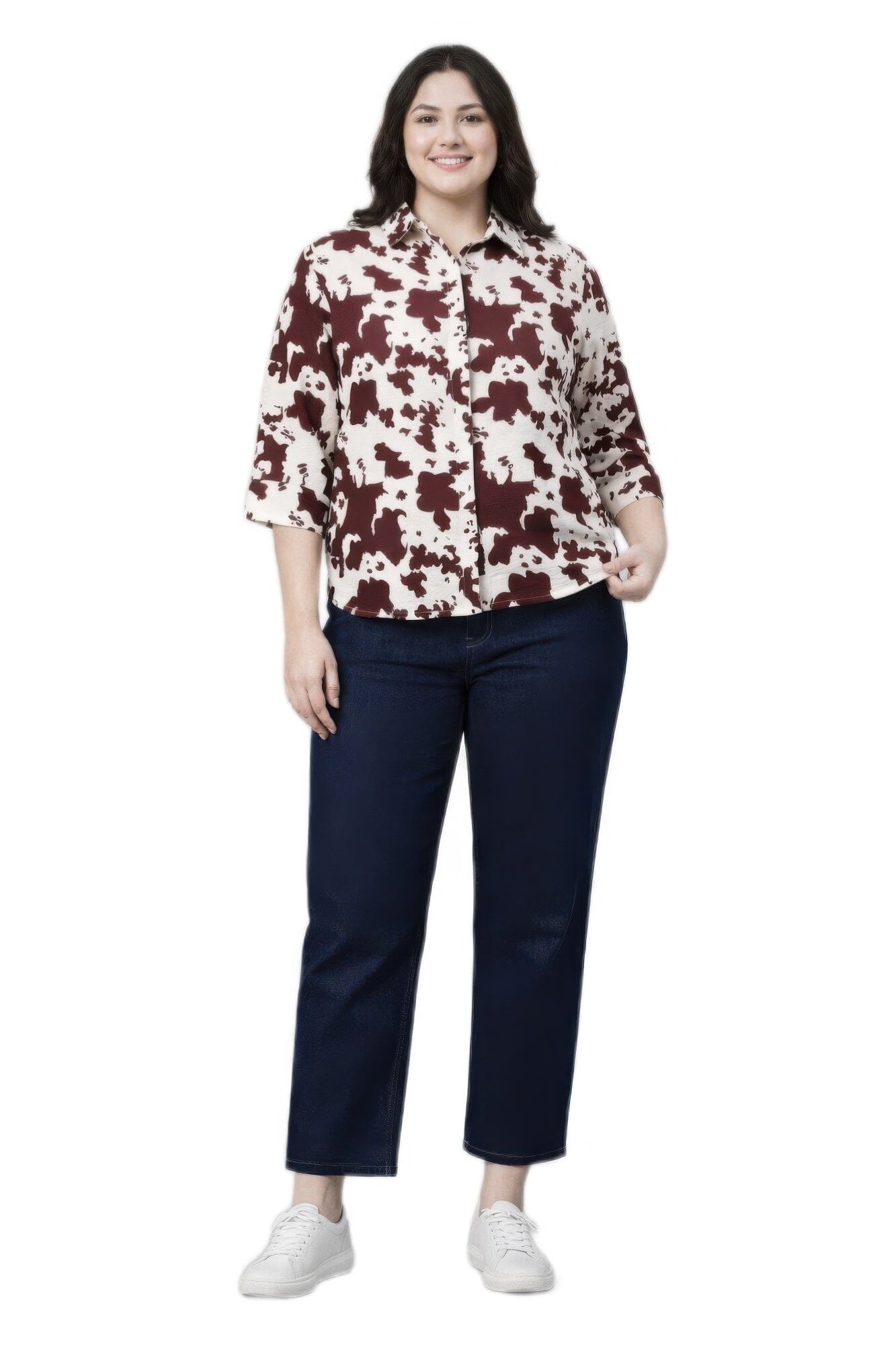 Women Plus Size Cow Print 3/4 Sleeve Button-up Shirt Shirts & Tops jehouze Wine red XL 