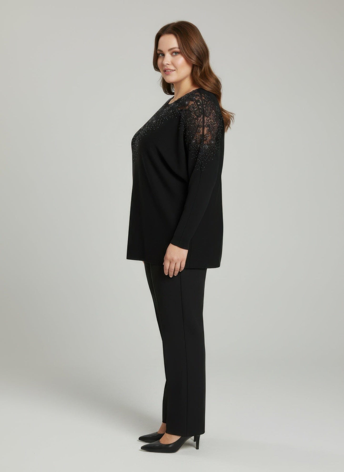 Women Plus Size Crimson Lace Embellished Knit Tunic Top Shirts & Tops jehouze 