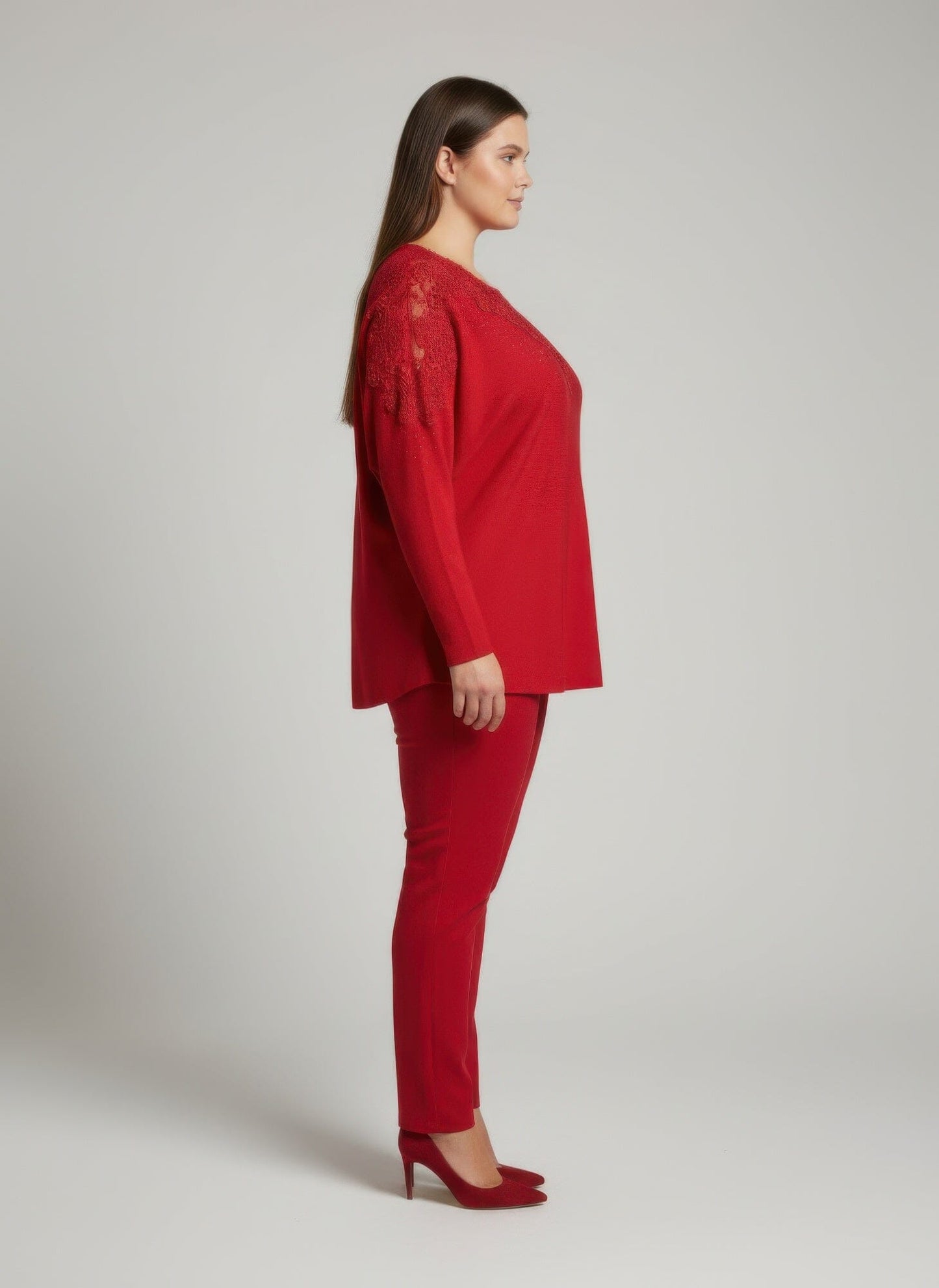 Women Plus Size Crimson Lace Embellished Knit Tunic Top Shirts & Tops jehouze 