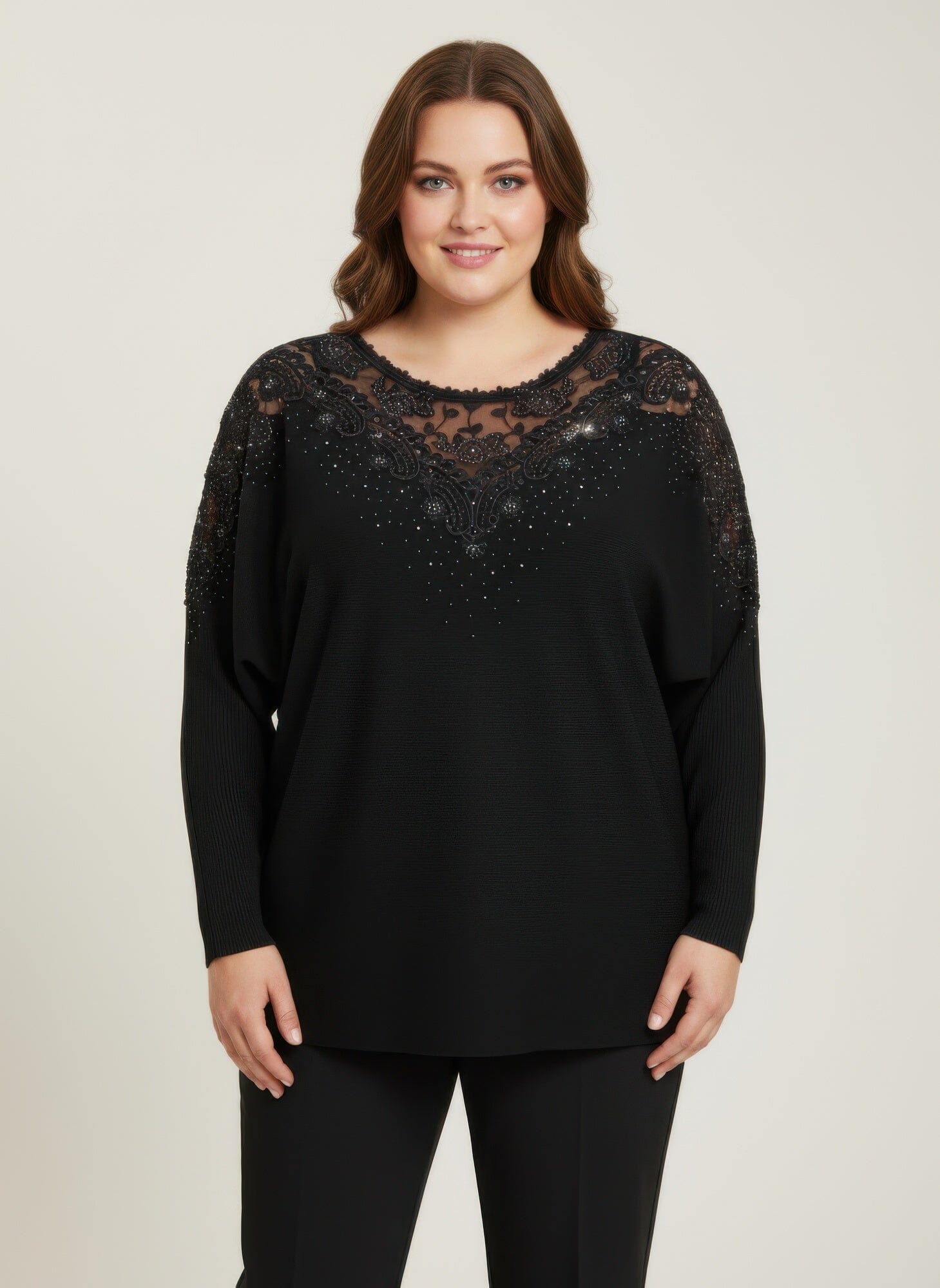 Women Plus Size Crimson Lace Embellished Knit Tunic Top Shirts & Tops jehouze Black L 