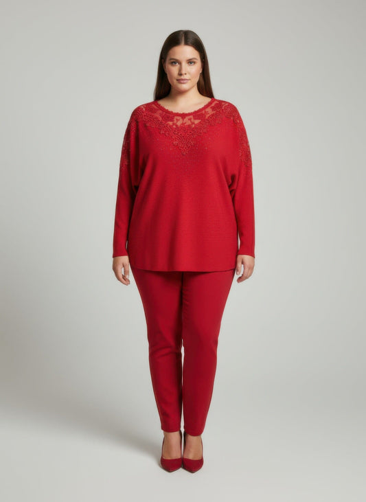 Women Plus Size Crimson Lace Embellished Knit Tunic Top Shirts & Tops jehouze Red L 