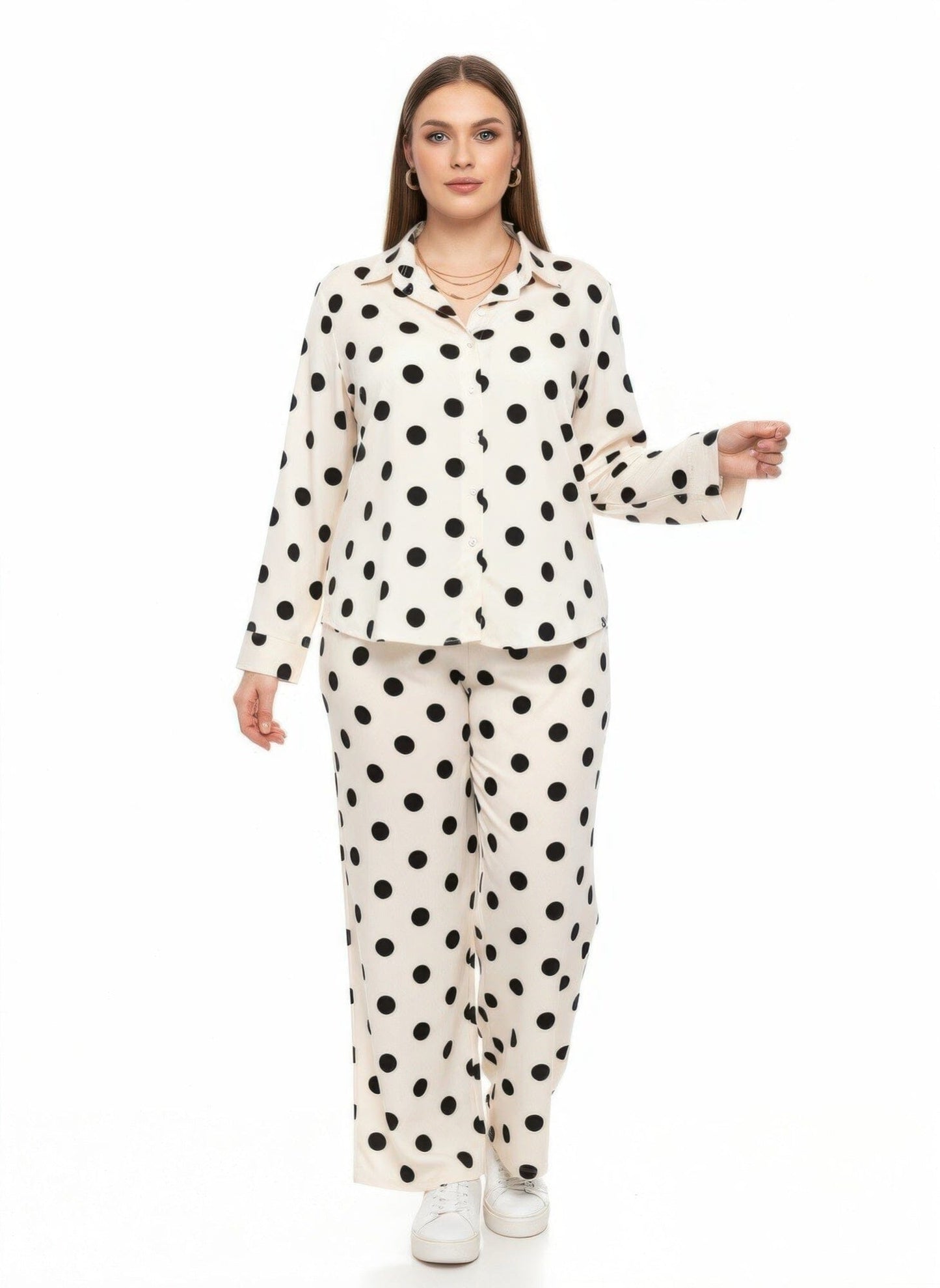 Women Plus Size Dot Button-up Top & Wide Leg Pants Loungewear Set Sleepwear & Loungewear jehouze Beige XL 