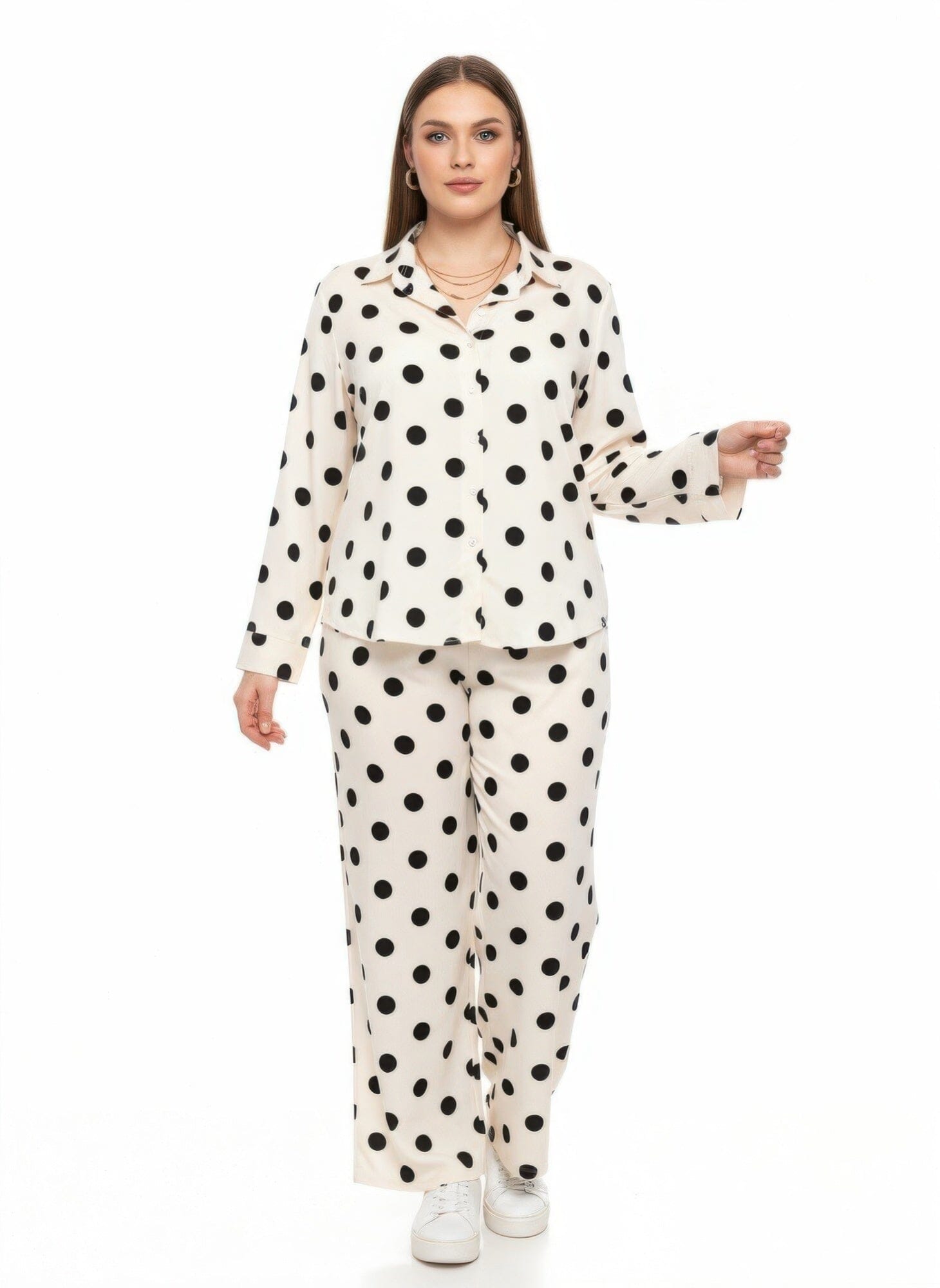 Women Plus Size Dot Button-up Top & Wide Leg Pants Loungewear Set Sleepwear & Loungewear jehouze Beige XL 