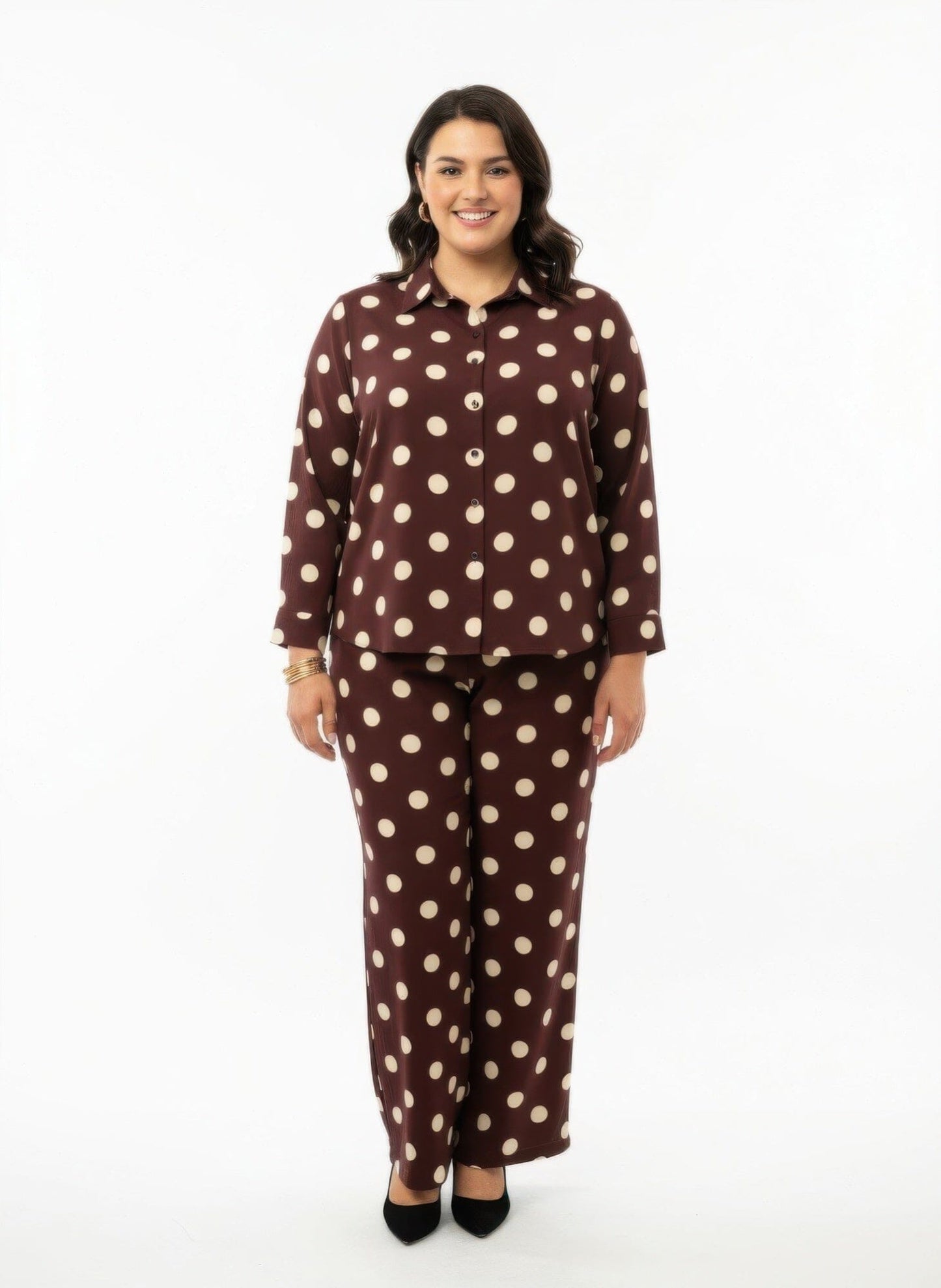 Women Plus Size Dot Button-up Top & Wide Leg Pants Loungewear Set Sleepwear & Loungewear jehouze Brown XL 