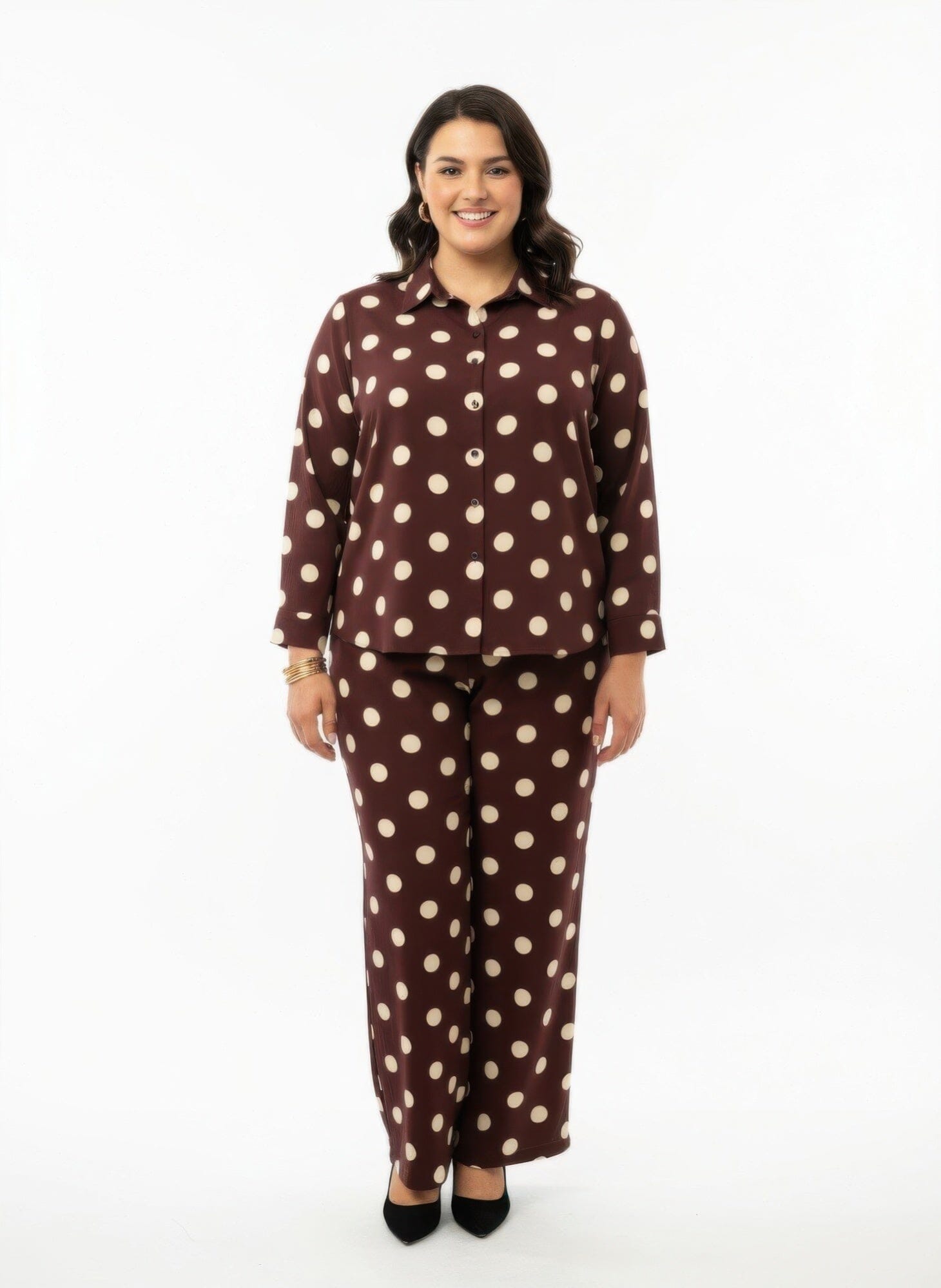 Women Plus Size Dot Button-up Top & Wide Leg Pants Loungewear Set Sleepwear & Loungewear jehouze Brown XL 