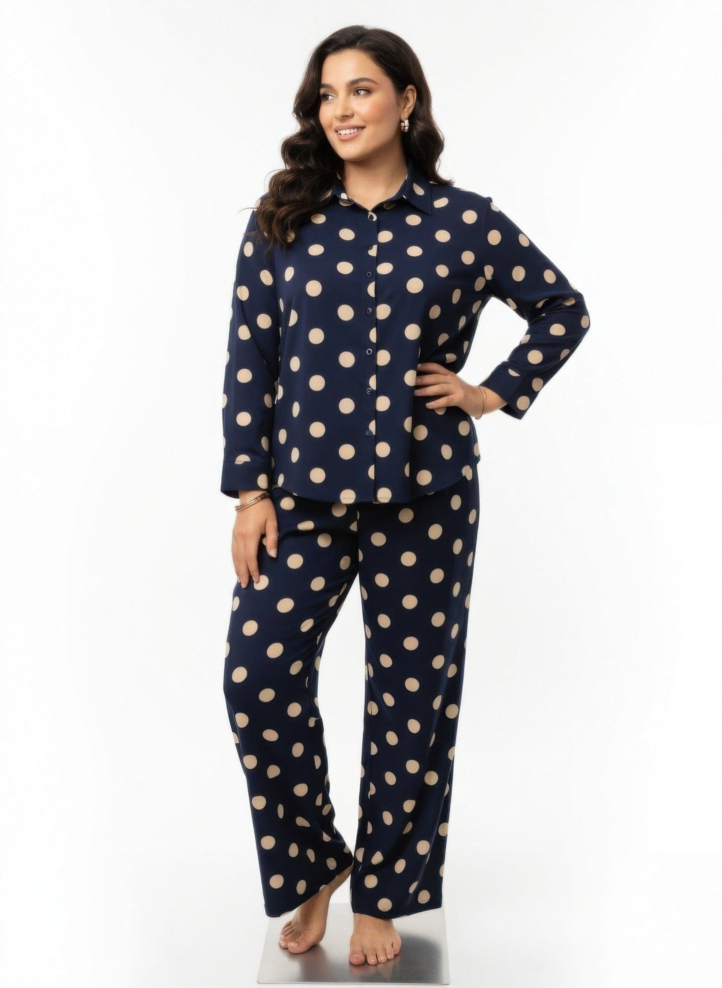 Women Plus Size Dot Button-up Top & Wide Leg Pants Loungewear Set Sleepwear & Loungewear jehouze Navy blue XL 