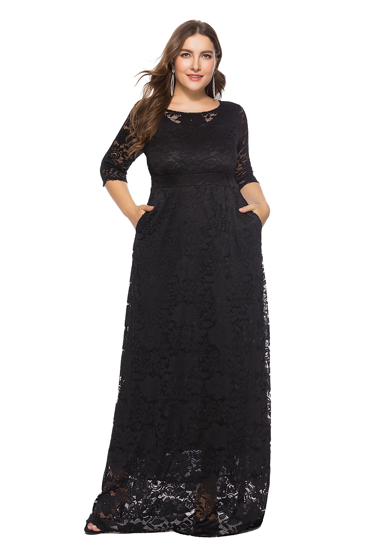 Women Plus Size Elegant Bridesmaid Party Maxi Long Dress with pockets Dresses jehouze Black XL 