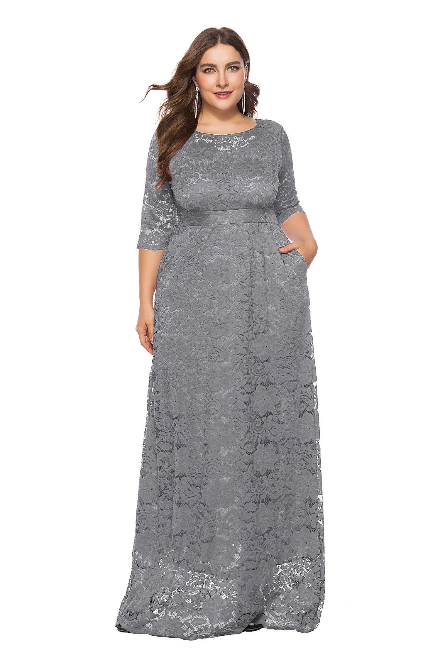 Women Plus Size Elegant Bridesmaid Party Maxi Long Dress with pockets Dresses jehouze Gray XL 