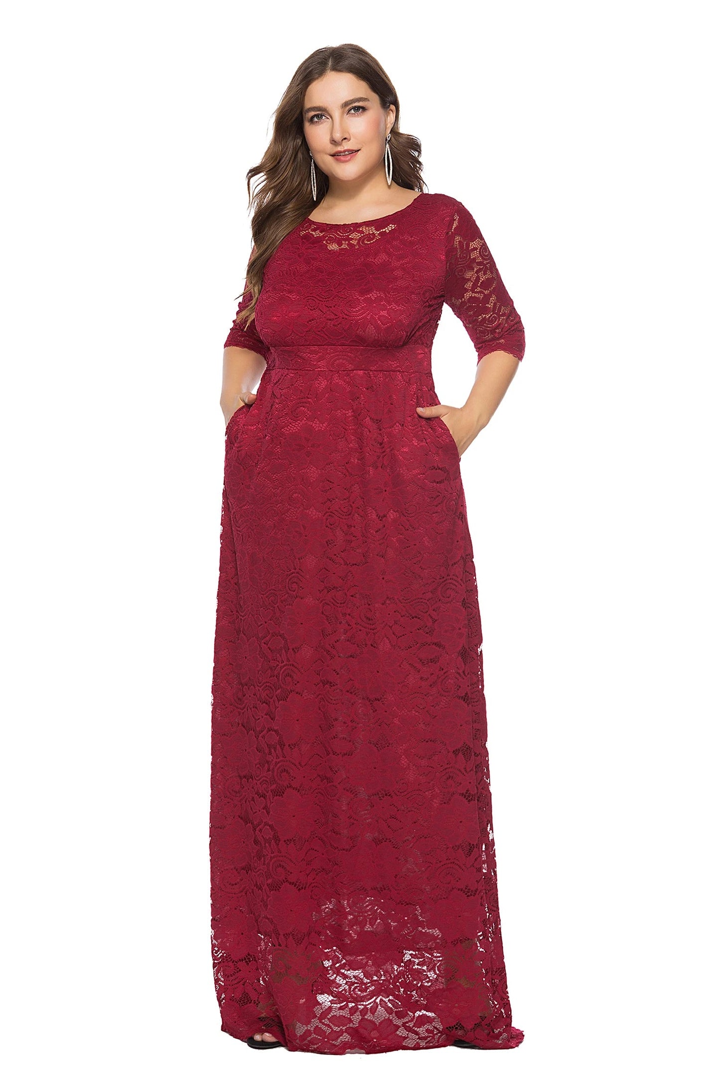 Women Plus Size Elegant Bridesmaid Party Maxi Long Dress with pockets Dresses jehouze Red XL 