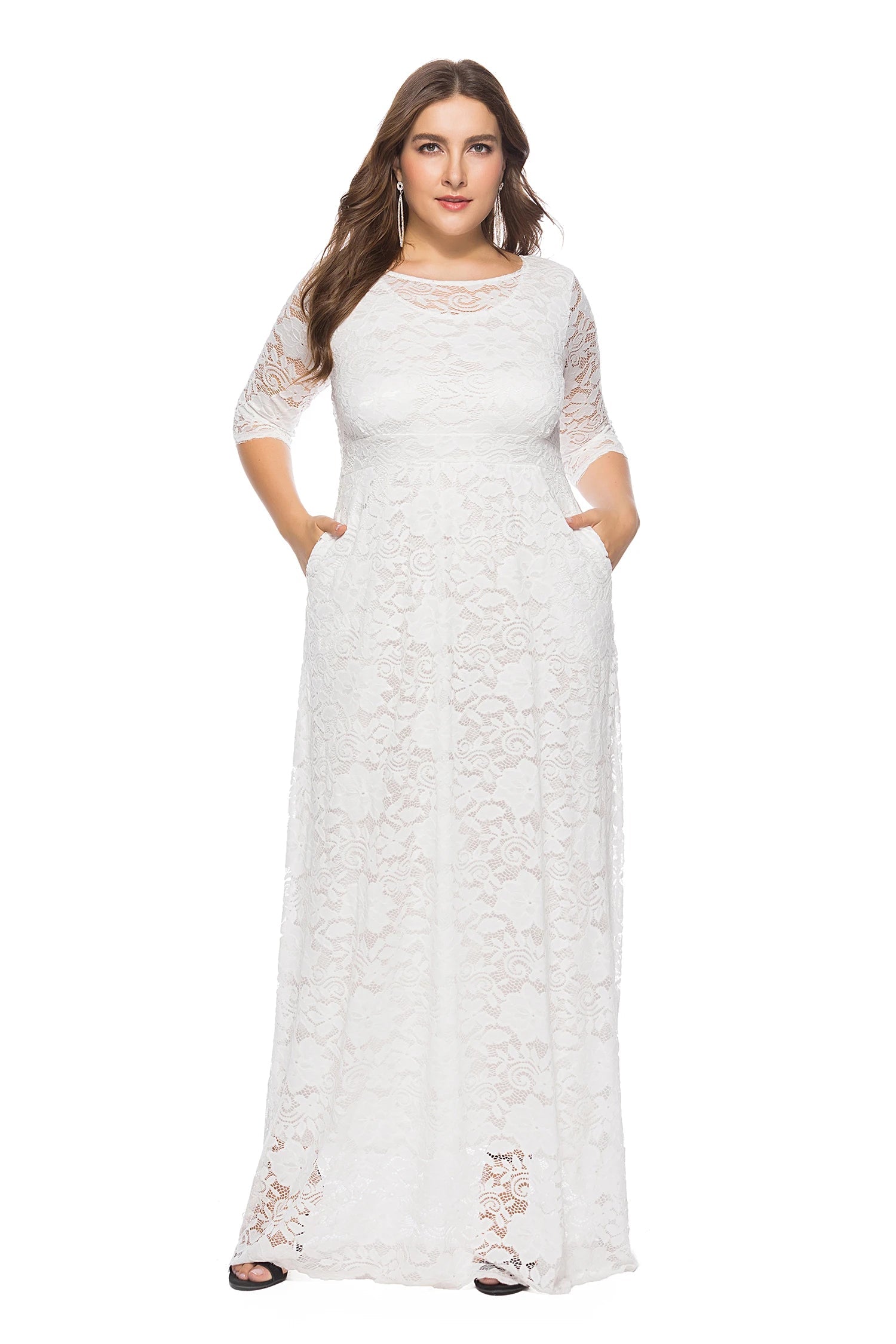 Women Plus Size Elegant Bridesmaid Party Maxi Long Dress with pockets Dresses jehouze White XL 