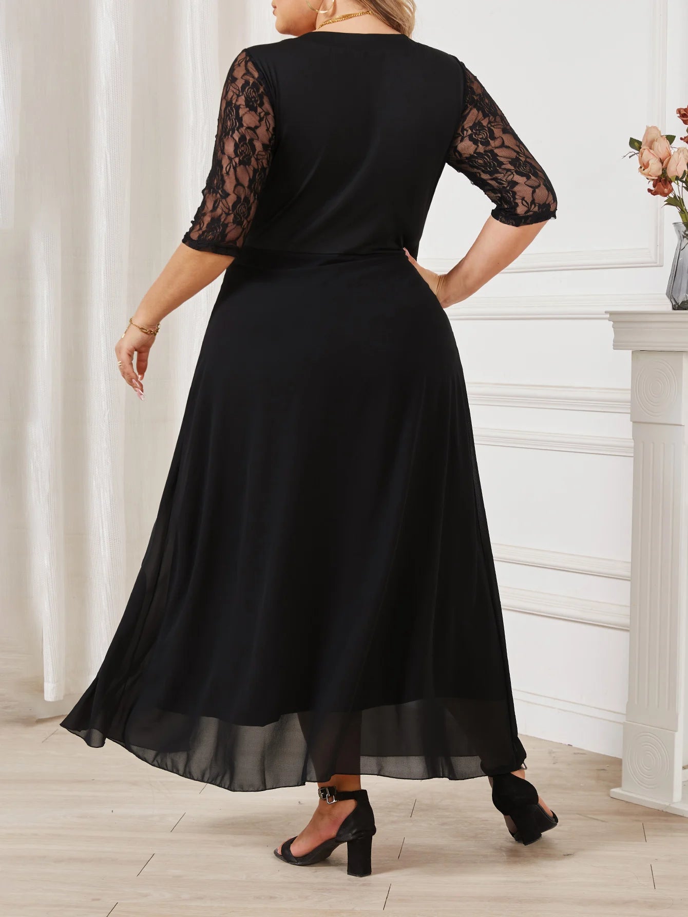 Women Plus Size Elegant Lace 3/4 Sleeve Lace Chiffon Formal Long Maxi Dress Dresses jehouze 