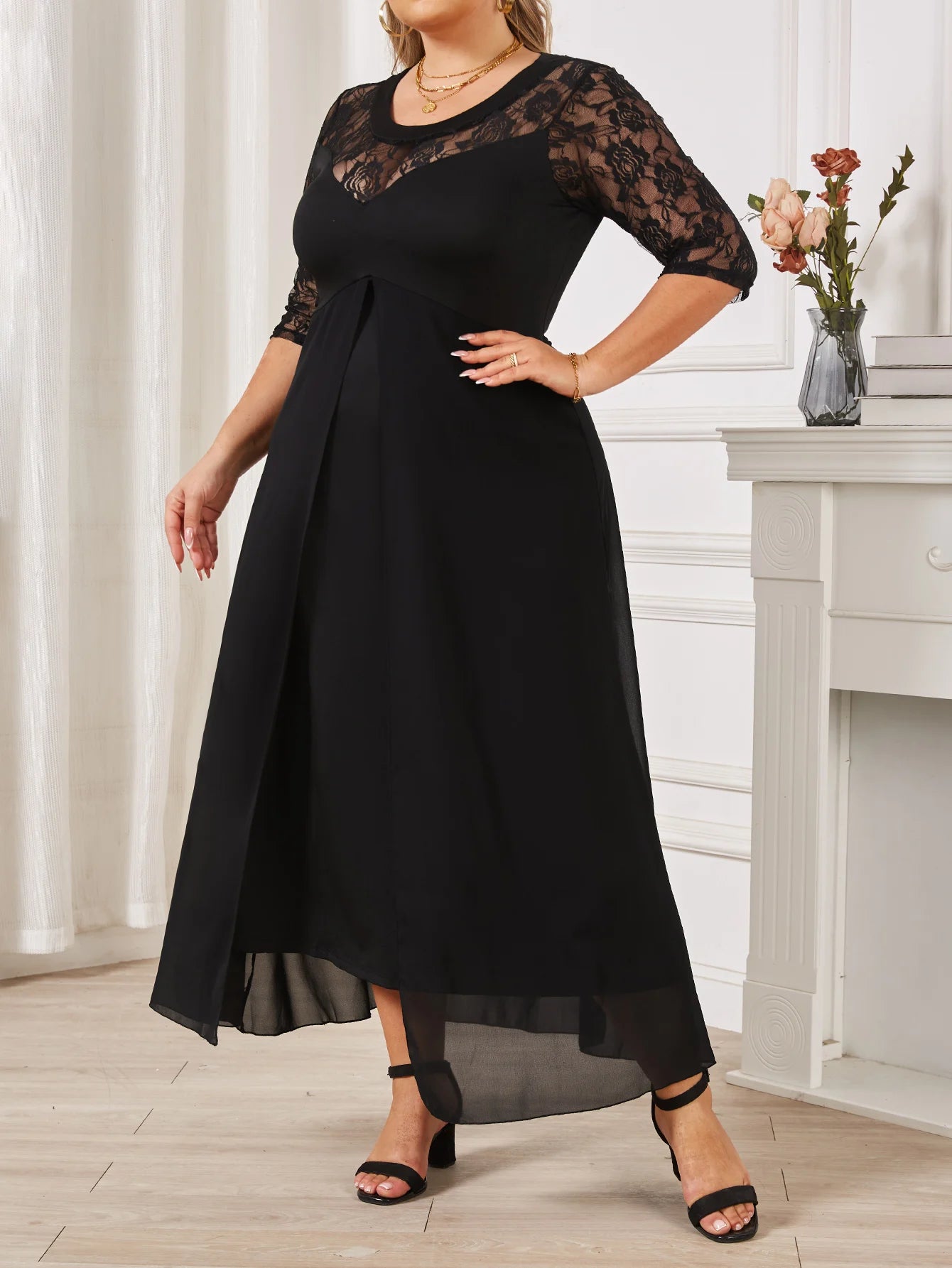 Women Plus Size Elegant Lace 3/4 Sleeve Lace Chiffon Formal Long Maxi Dress Dresses jehouze 