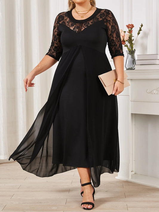 Women Plus Size Elegant Lace 3/4 Sleeve Lace Chiffon Formal Long Maxi Dress Dresses jehouze 