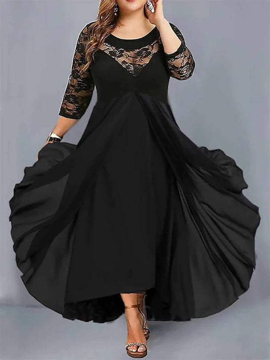 Women Plus Size Elegant Lace 3/4 Sleeve Lace Chiffon Formal Long Maxi Dress Dresses jehouze XL 