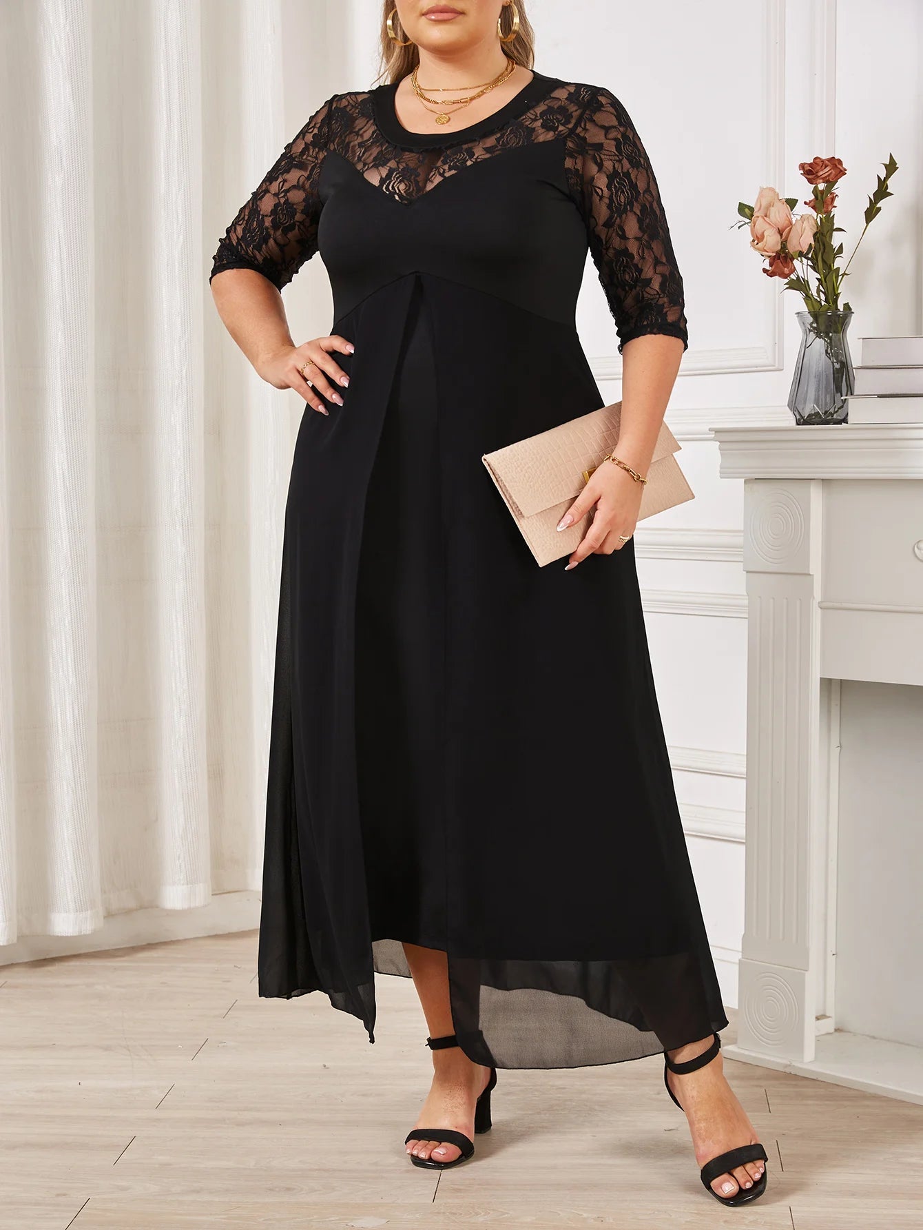 Women Plus Size Elegant Lace 3/4 Sleeve Lace Chiffon Formal Long Maxi Dress Dresses jehouze XL 