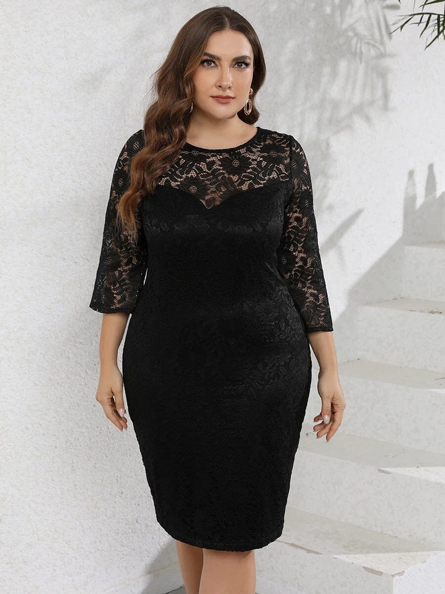 Women Plus Size Elegant Lace 3/4 Sleeve Wedding Guest Cocktail Bodycon Midi Dress Dresses jehouze 