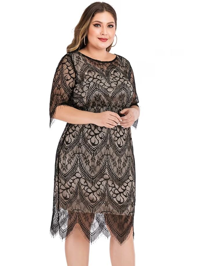 Women Plus Size Elegant Round Neck Floral Lace Wedding Cocktail Party Dress Dresses jehouze 