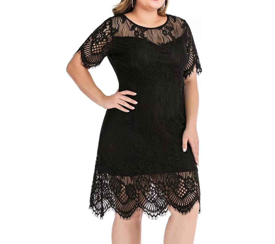 Women Plus Size Elegant Round Neck Short Sleeve Lace Dress Dresses jehouze 