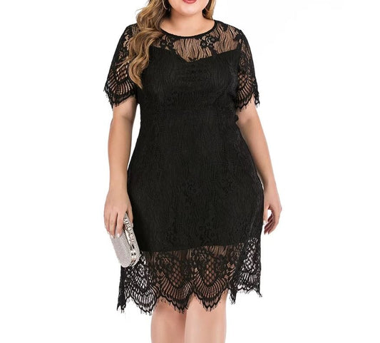 Women Plus Size Elegant Round Neck Short Sleeve Lace Dress Dresses jehouze 