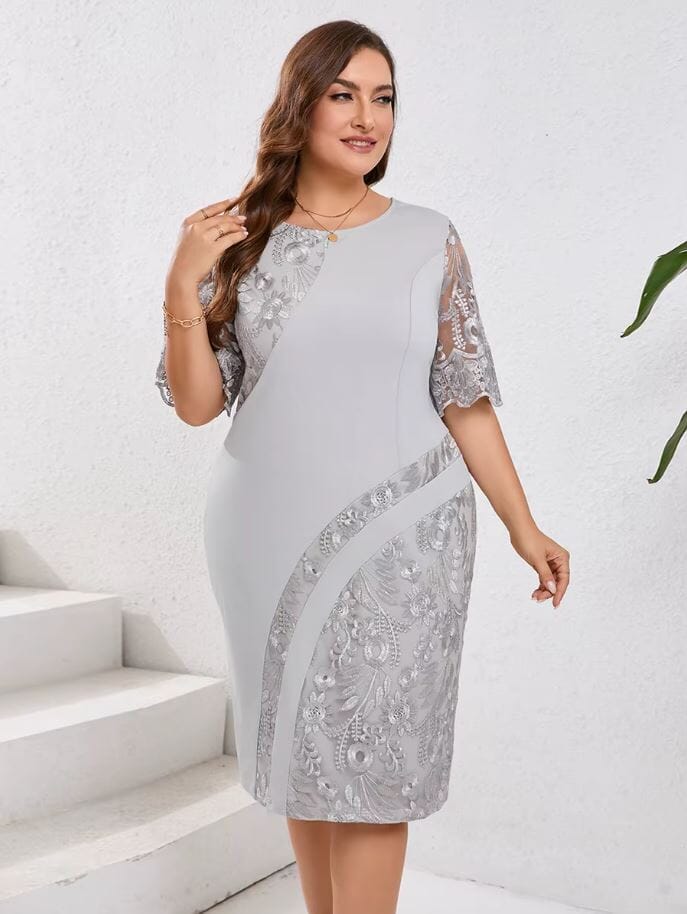 Women Plus Size Embroidery Floral Lace short Sleeve Formal Wedding Party Long Dress Dresses jehouze Grey L 