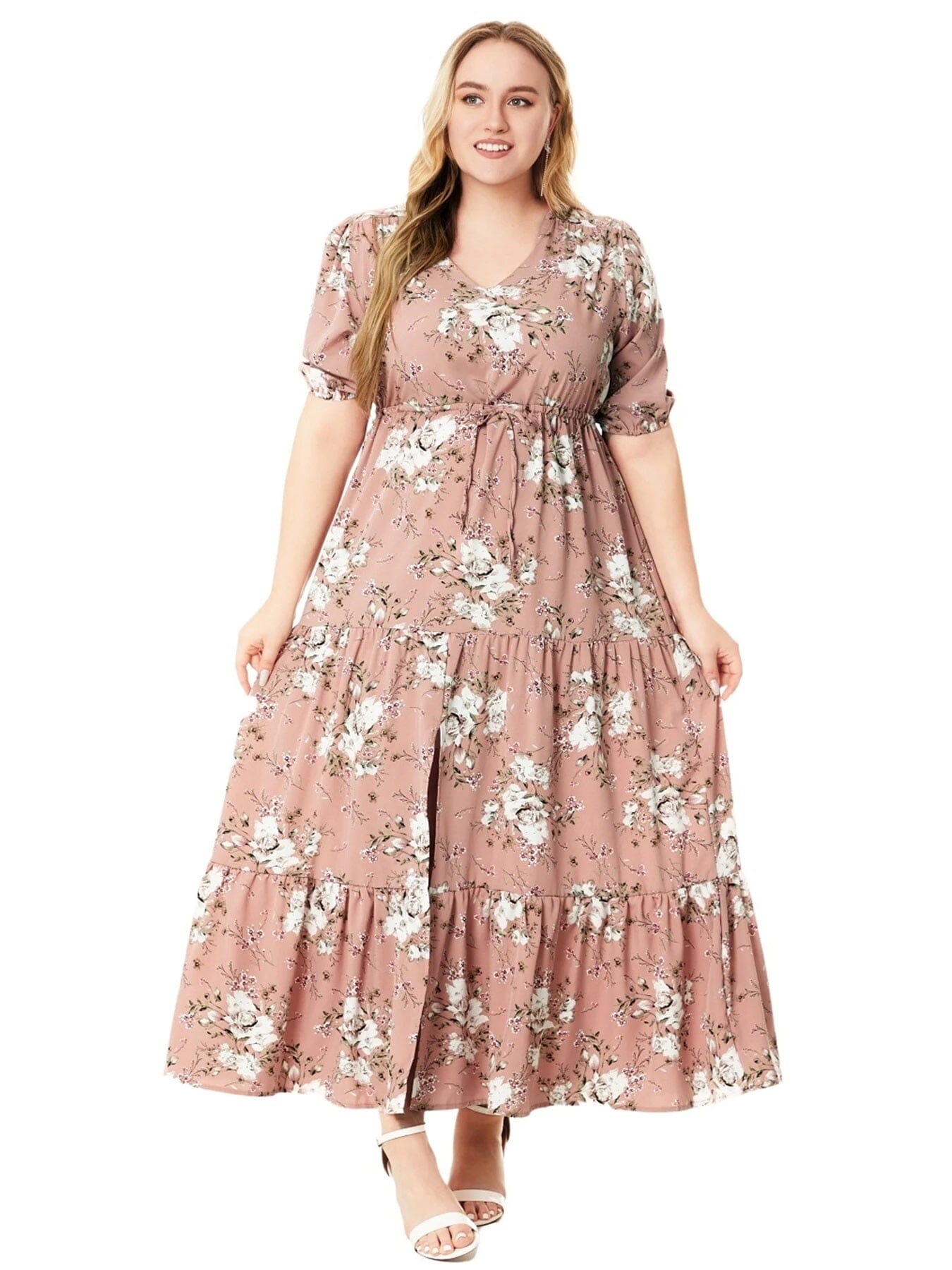 Women Plus Size Floral Print V Neck Short Sleeve Swing Flowy Long Dress Dresses jehouze Pink XL 