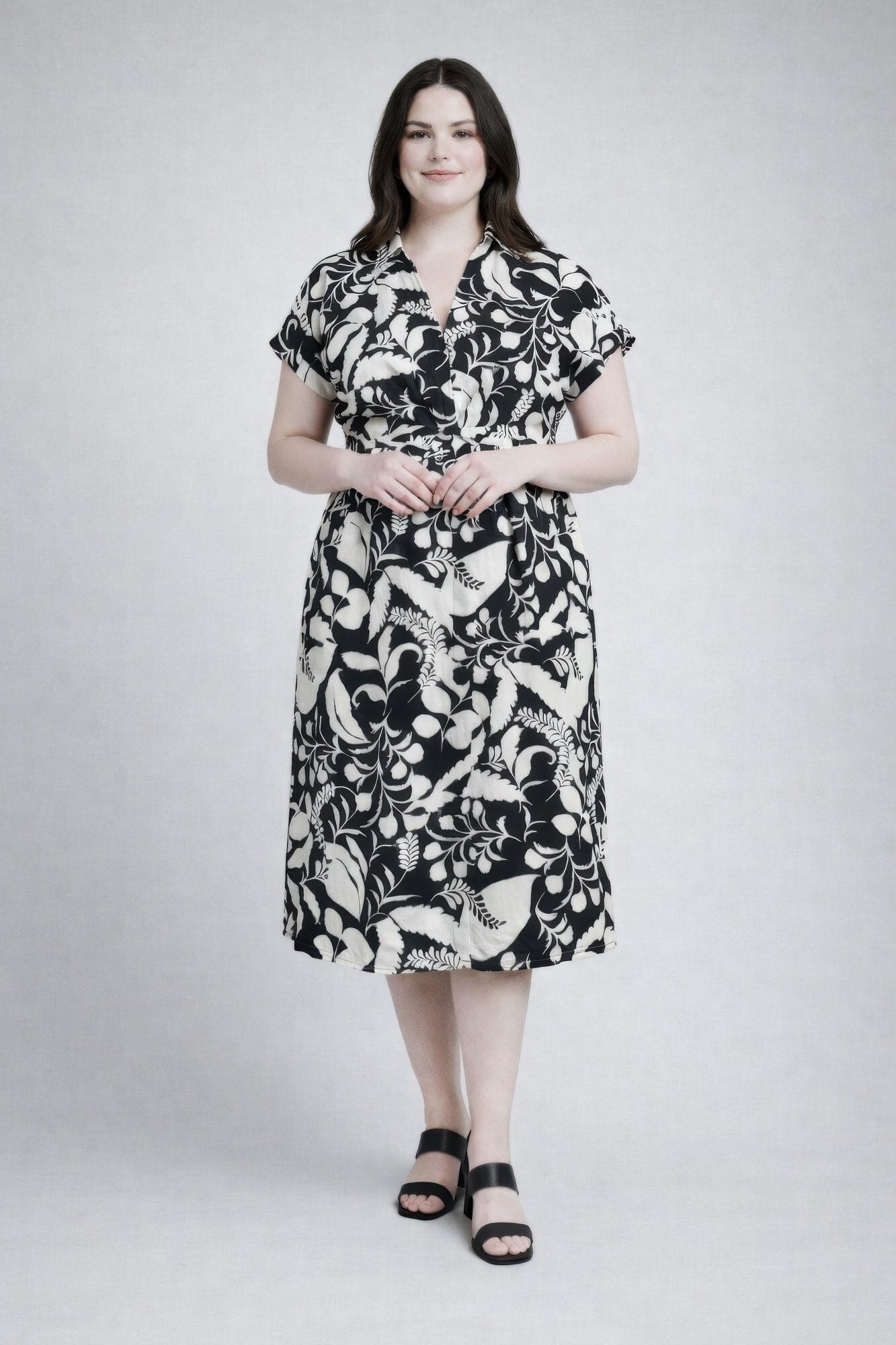 Women Plus Size Floral Print Wrap Tie Midi Dress Dresses jehouze Black XL 