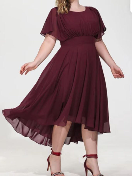 Women Plus Size Formal Cocktail Chiffon v Neck Short Sleeve High Low Dress Dresses jehouze L 